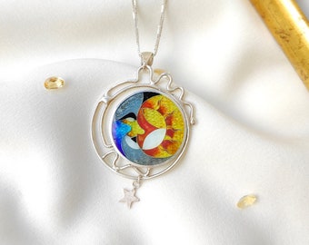 Sun and Moon pendant with Star . Cloisonne enamel. Georgian Enamel. Fine Silver Pendant