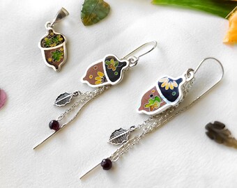 Acorn Pendant and Earrings with Garnet. Autumn Fall Oak Leaves Earrings and Pendant. Silver Earrings and Pendant. Cloisonne enamel