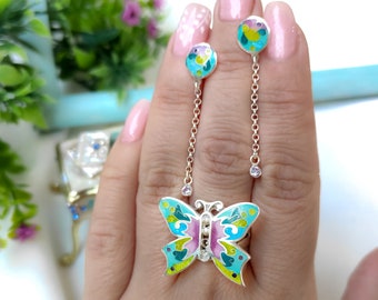 Butterfly Cloisonne Enamel Ring and Earrings. Silver Stud Earrings. Mint Blue Ring. Earrings with zircon