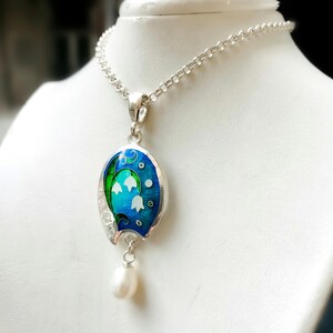 Lilly of The Valley Pendant with Natural Pearl and Zircons * White Spring Bell Flower pendant necklace.925 and fine silver. Cloisonne enamel image 2