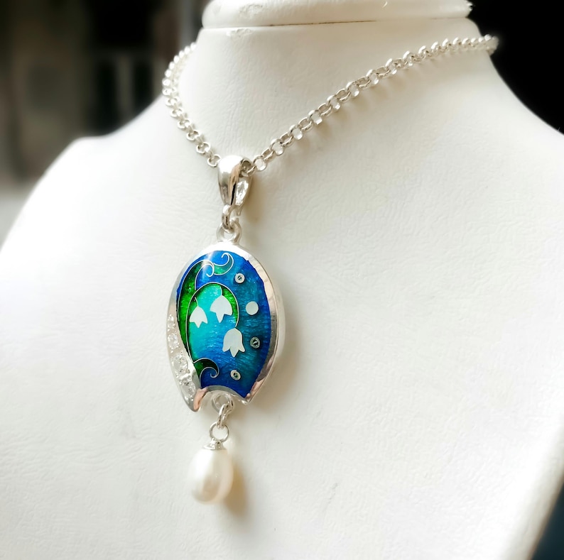 Lilly of The Valley Pendant with Natural Pearl and Zircons * White Spring Bell Flower pendant necklace.925 and fine silver. Cloisonne enamel image 2