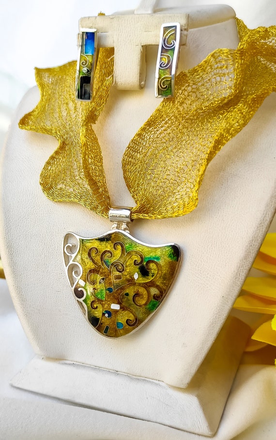 Inspired by Gustav Klimt "Tree of Life" Pendant and Earrings. Golden Tree. Cloisonne Enamel Pendant. Sterling Silver Jewelry. Wearable art