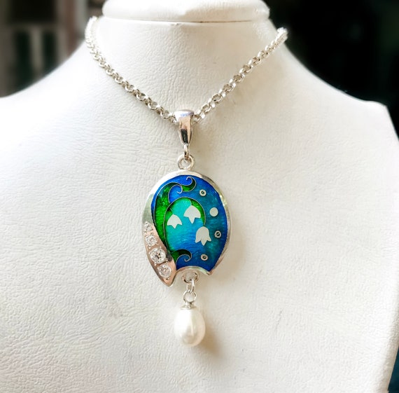 Lilly of The Valley Pendant with Natural Pearl and Zircons * White Spring Bell Flower pendant necklace.925 and fine silver. Cloisonne enamel