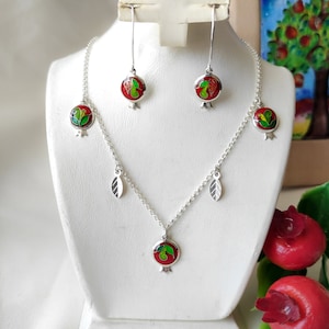 Pomegranate Earrings * Pomegranate Necklace * Cloisonne Enamel * Enamel Pomegranate * Pomegranate Silver Jewelry. cloisonne enamel