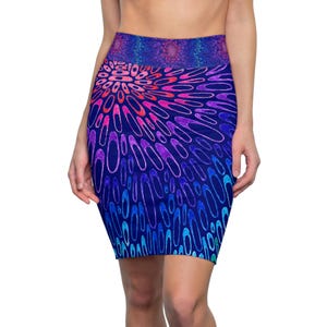 May include: A high-waisted pencil skirt featuring a vibrant, abstract pattern of elongated oval shapes in shades of pink, purple, and blue against a dark navy background, with a wide, matching patterned waistband that sits at the natural waistline.