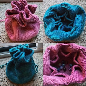 May include: Two knitted drawstring bags, one pink and one teal, with a close-up of the pink bag showing the inside with compartments and dice.