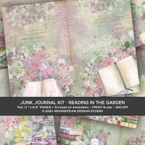 Book Lover Junk Journal Kit, Reading in the Garden, Digital Download, Paper and Ephemera, Decorative Paper, Cottagecore Junk Journal