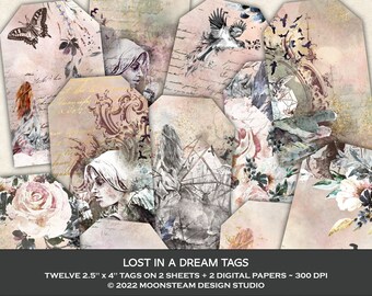 Lost in a Dream Tags, Collage Sheets, Collage Junk Journal, Dark Academia, Magical Ephemera, Clip Art