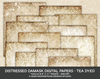 Distressed Tea Dyed Damask Digital Paper, Shabby Junk Journal, shabby damask backgrounds, shabby damask digital paper