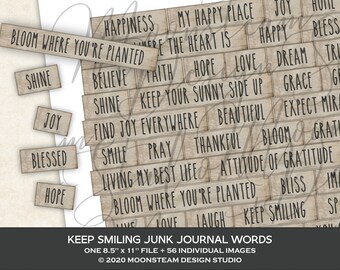 Op de afbeelding: Een set van 56 afdrukbare digitale journalkaarten met woorden als "Bloom Where You're Planted", "Keep Smiling", "Find Joy Everywhere", "Living My Best Life", "Seek", "Relax", "Plant Dreams", "Water Hope", "Abundant", "Wonder", "Pause", "Rest", "Affirm" en "Wish Upon". De kaarten zijn ontworpen om eruit te zien als rustieke houten planken met een beige achtergrond en zwarte tekst.