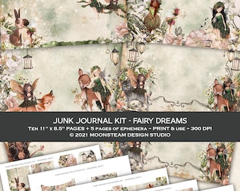 May include: A digital junk journal kit with a fairy theme. The kit includes ten 11-inch by 8.5-inch pages and five pages of ephemera. The pages feature illustrations of fairies, animals, and flowers in a whimsical style. The kit is designed for print and use.