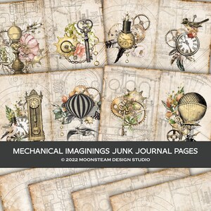 Könnte beinhalten: Eine Sammlung von Junk-Journal-Seiten im Vintage-Stil mit Steampunk-Thema. Die Seiten zeigen antike Uhren, Zahnräder, Schlüssel und florale Akzente. Der Text "MECHANICAL IMAGININGS JUNK JOURNAL PAGES" wird angezeigt.