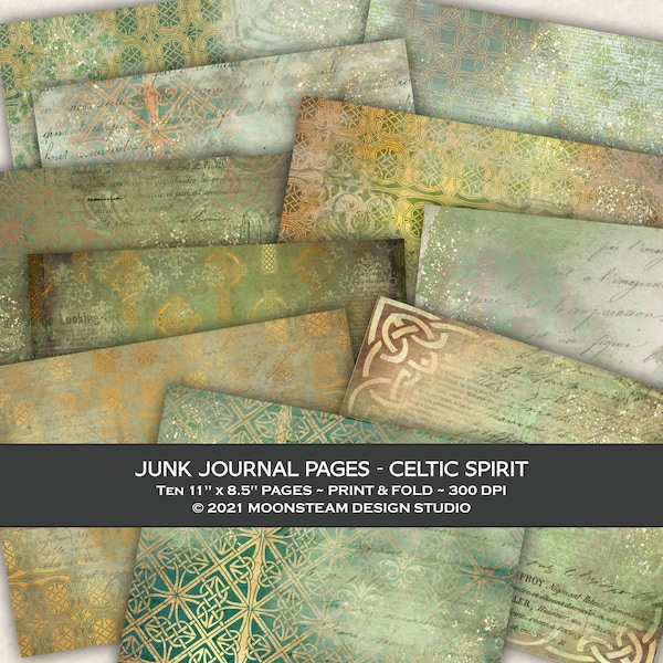 Junk Journal Pages, Celtic Spirit Digital Papers, St Patricks Day Scrapbook, Printable