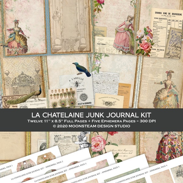 Junk Journal Printable Kit, La Chatelaine, Shabby French, Paper and Ephemera, Digital Download, Vintage Junk Journal, Shabby Chic