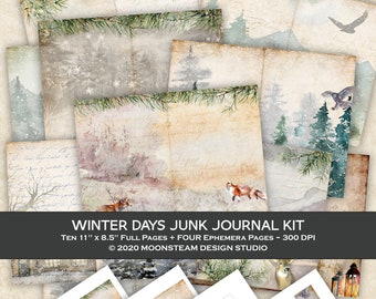 Junk Journal Printable Kit, Winter Junk Journal, Papers and Ephemera,  Forests, Animals, Woodland, Digital Download