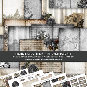 May include: A collection of vintage-style paper ephemera and full pages for junk journaling. The kit includes twelve 11" x 8.5" pages and five ephemera pages. The design features grayscale images of roses, architectural sketches, and patterned backgrounds.