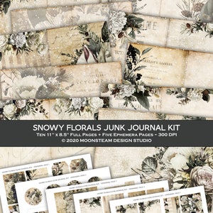 Winter Flowers Junk Journal Kit, Snow and Neutral Colors, Digital Download, Winter Junk Journal