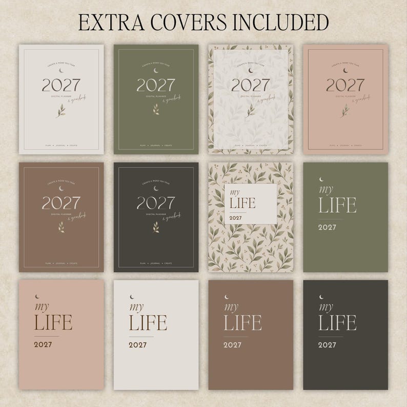 May include: A collection of twelve rectangular planner covers featuring the text EXTRA COVERS INCLUDED at the top. Each cover displays the year 2027, some with the text my LIFE, and various designs including solid muted colors and botanical leaf patterns.