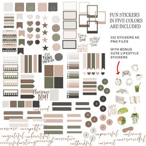 May include: A digital collection of planner stickers in five colors, including shapes, frames, checklists, and text phrases like Time for Tea, Awesome Day, and I am powerful. The set features 332 PNG files with lifestyle icons like coffee, books, and plants.