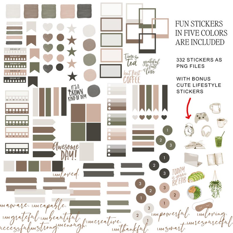 May include: A digital collection of planner stickers in five colors, including shapes, frames, checklists, and text phrases like Time for Tea, Awesome Day, and I am powerful. The set features 332 PNG files with lifestyle icons like coffee, books, and plants.