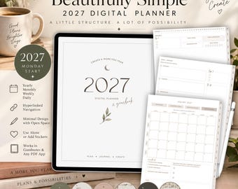 Agenda digital 2027 para Goodnotes / Inicio en lunes, PDF con hipervínculos + pegatinas