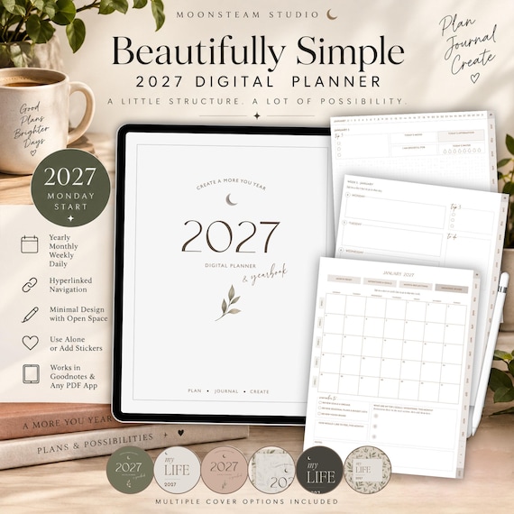 2027 Digital Planner for Goodnotes | Monday Start, Hyperlinked PDF + Stickers