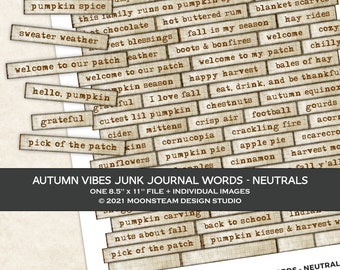 May include: A digital download featuring vintage-style word art for junk journals. The rectangular tags have autumn-themed phrases like "pumpkin spice," "sweater weather," and "happy harvest." The words are printed in a typewriter font on a neutral background.