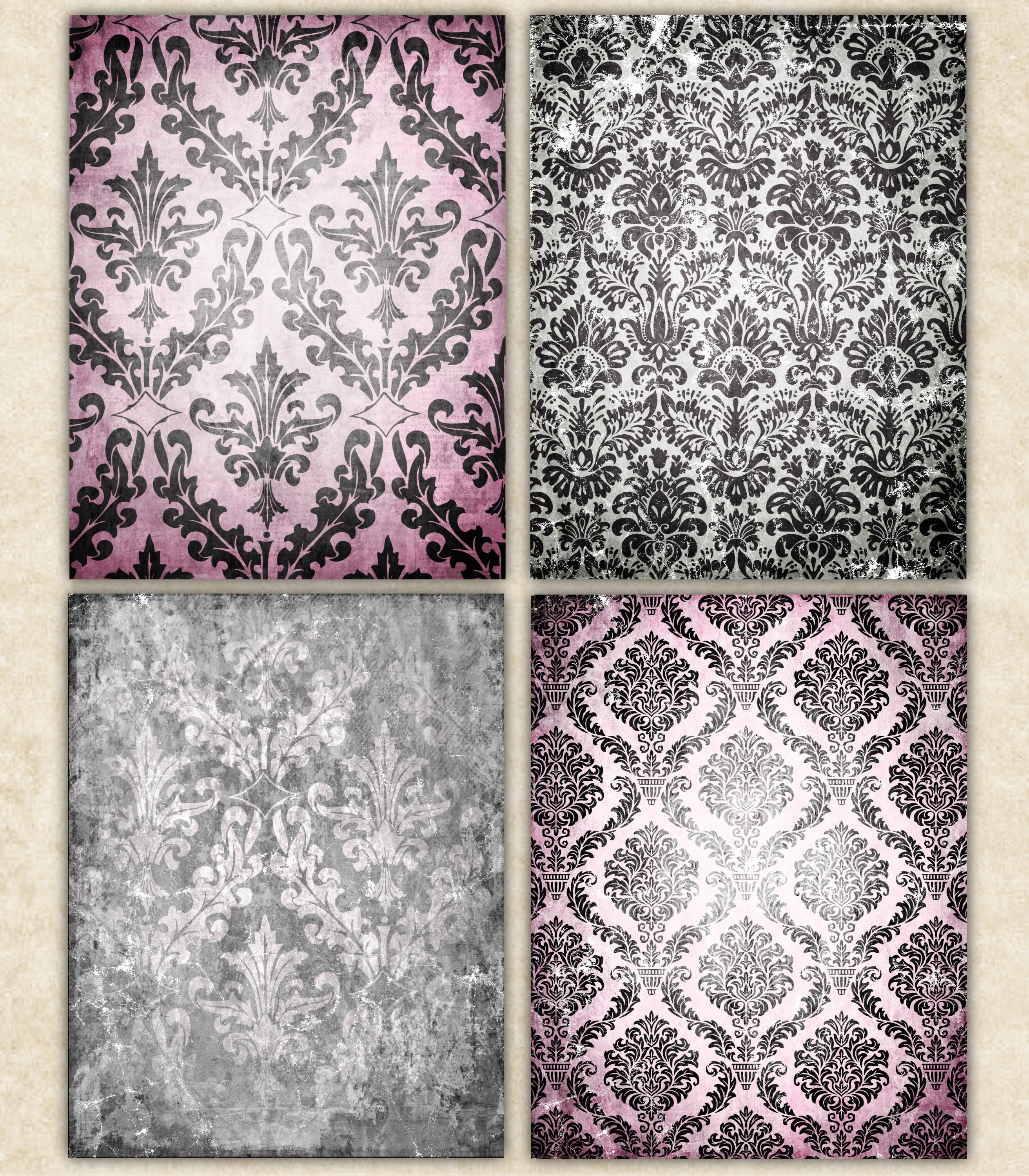 Distressed Damask Digital Paper, Shabby Pink Black (digital Download ...