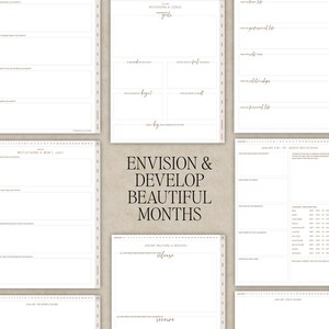 May include: A digital planner layout featuring multiple white pages with black text, including sections for intentions, goals, reflections, and memory boards. The central text reads Envision & Develop Beautiful Months in a serif font.