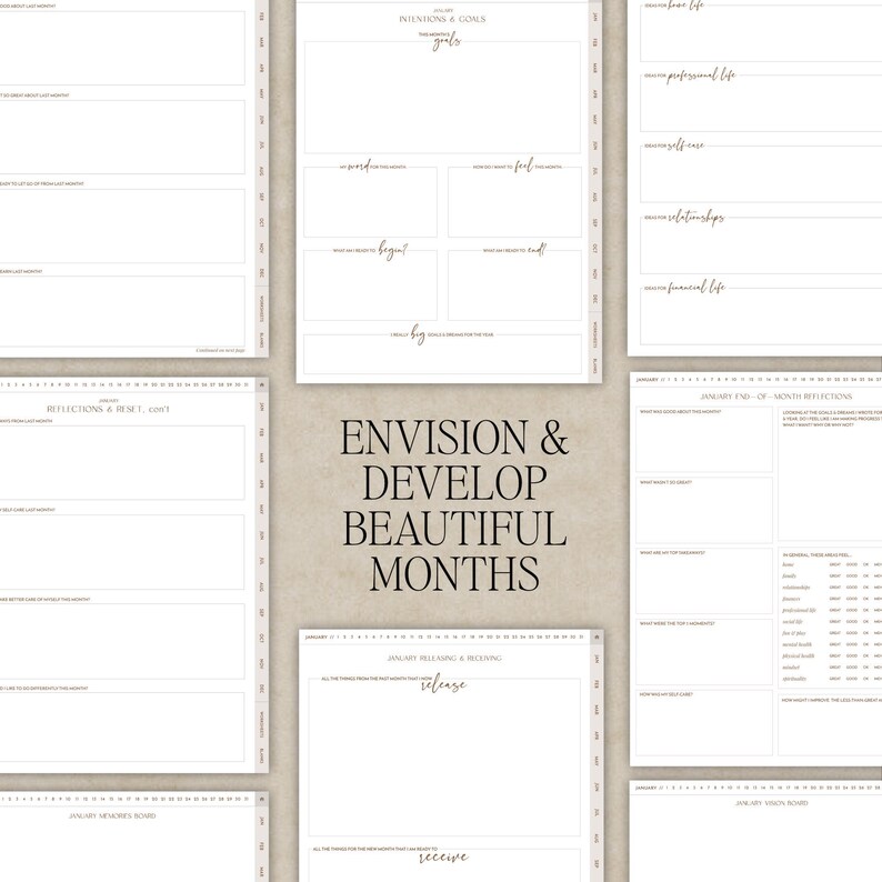 May include: A digital planner layout featuring multiple white pages with black text, including sections for intentions, goals, reflections, and memory boards. The central text reads Envision & Develop Beautiful Months in a serif font.