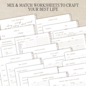 May include: A collection of white digital worksheets with black text featuring the title MIX & MATCH WORKSHEETS TO CRAFT YOUR BEST LIFE. The pages include trackers for habits, sleep, meals, exercise, symptoms, bills, debt, savings, and travel.