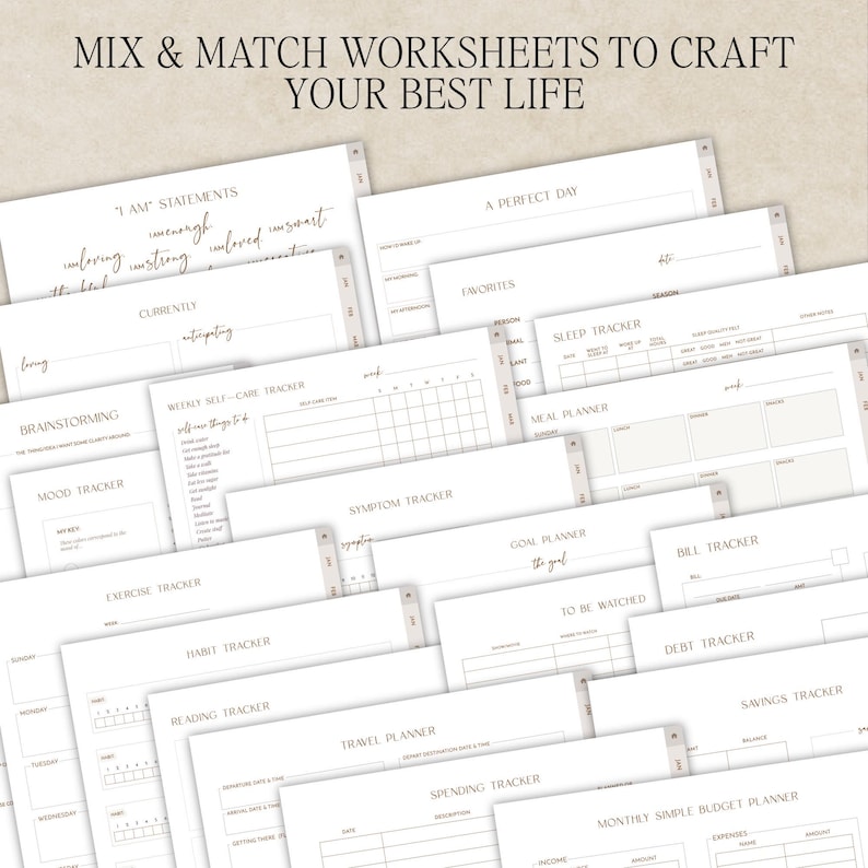 May include: A collection of white digital worksheets with black text featuring the title MIX & MATCH WORKSHEETS TO CRAFT YOUR BEST LIFE. The pages include trackers for habits, sleep, meals, exercise, symptoms, bills, debt, savings, and travel.