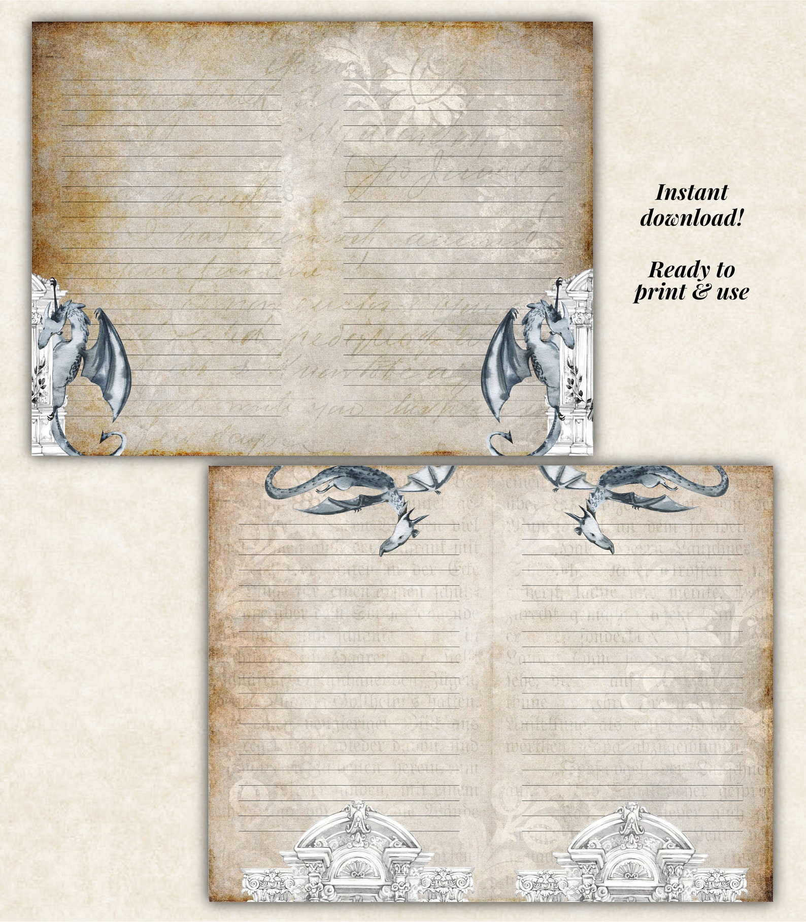 LINED Playful Dragons Journal Pages Fantastic Dragon Papers Etsy