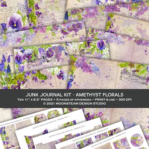 Junk Journal Kit, Purple Flowers, Digital Download, journal pages, printable ephemera, collage sheet, violets, lavender, pansies, wisteria