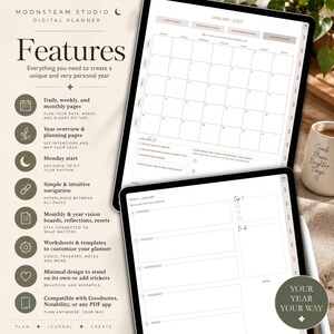 May include: A digital planner display featuring a monthly calendar for January 2027 and a weekly layout. The text includes Moonsteam Studio Digital Planner, Features, and a list of organizational tools. A mug with the text Good Plans Brighter Days is visible.