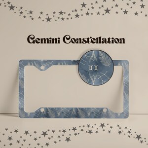 Gemini Constellation License Plate Frame, Celestial Astrology Car Decor, Slate Blue Botanical Auto Accessory