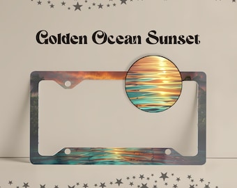 Golden Ocean Sunset License Plate Frame: Coastal Car Accessories