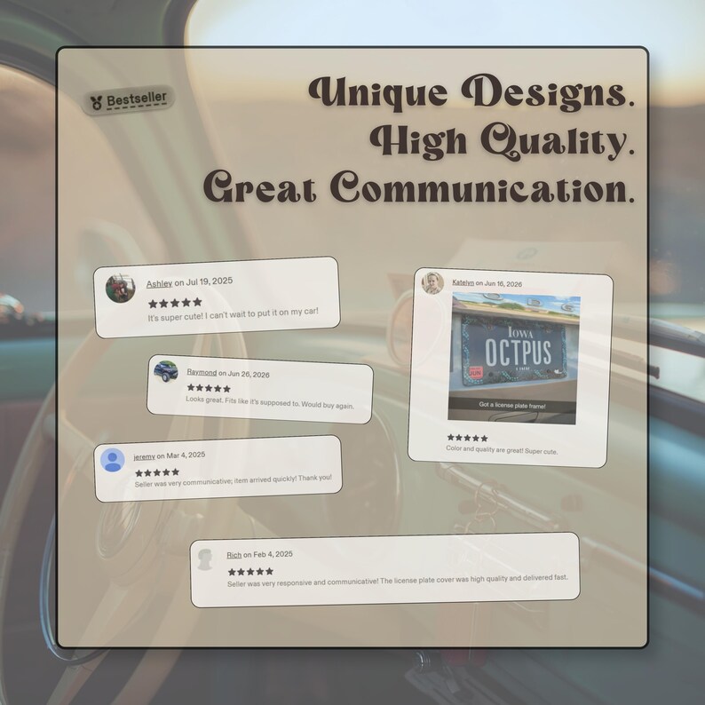 Five star customer reviews praising Road Charm Co license plate frames for unique designs, high quality and great communication