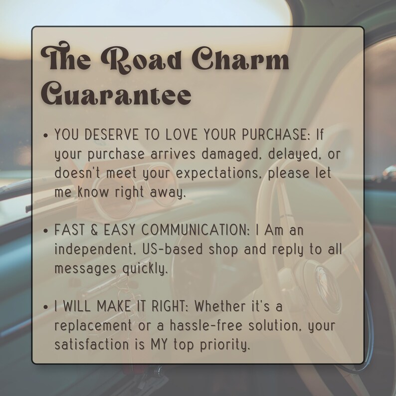 Infographic of the Road Charm Guarantee promising easy replacements, fast friendly seller support and a US based shop that makes it right