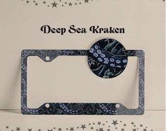 Gray Kraken License Plate Frame, Deep Sea Monster Car Decor, Nautical Octopus Auto Accessory