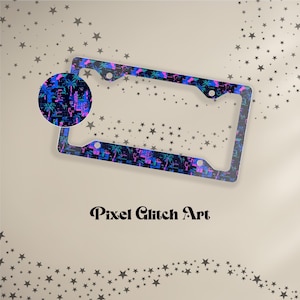 Pixel Glitch License Plate Frame, Vaporwave Palm Trees, Retro Car Decor