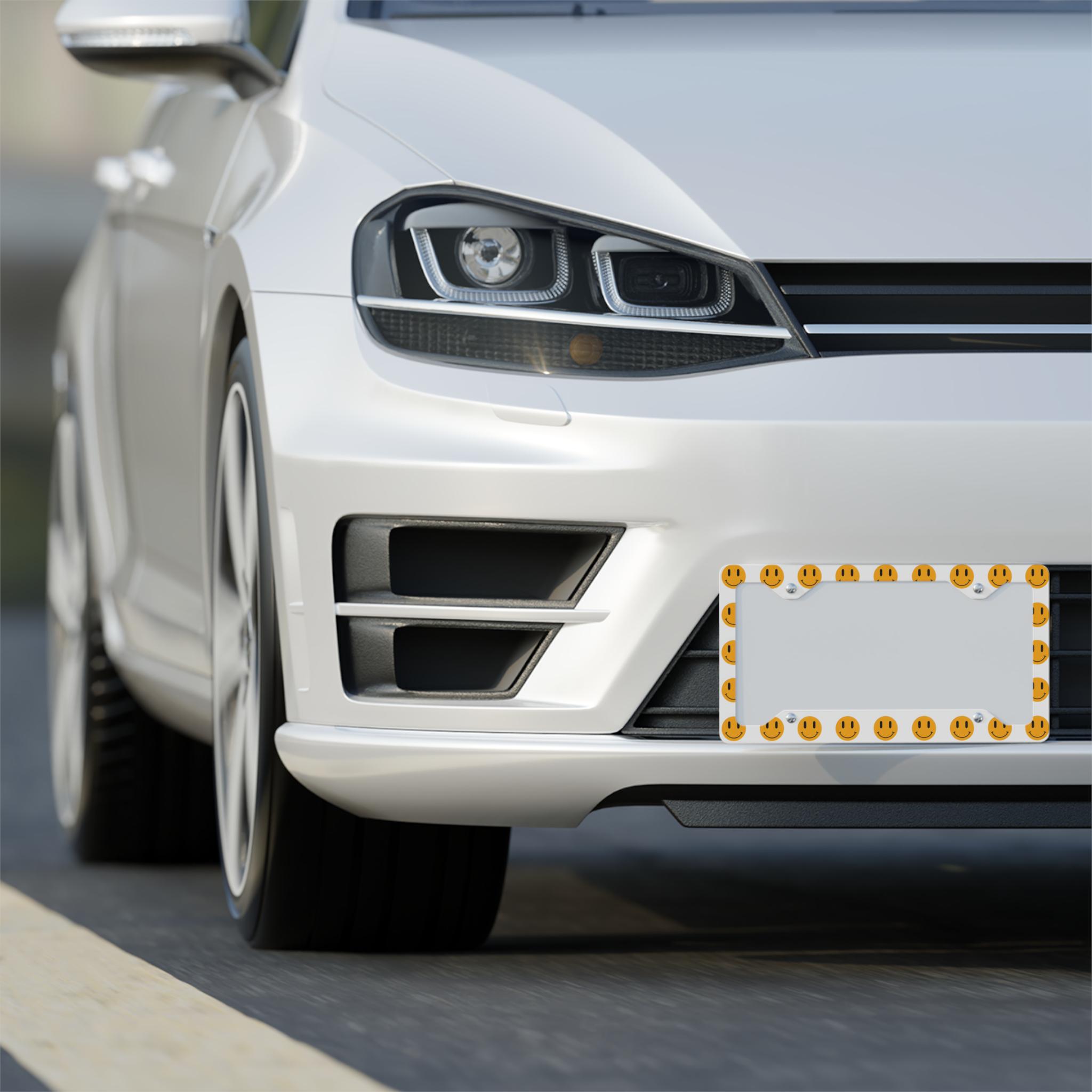 thumbnail interactive-video image 1 of 2 Pack Yellow Smiley Face Aluminum Metal License Plate Holder 1 of 10