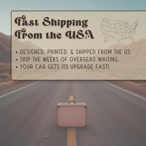 Infographic explaining Road Charm Co license plate frames are designed, printed and shipped fast from the USA with no overseas wait
