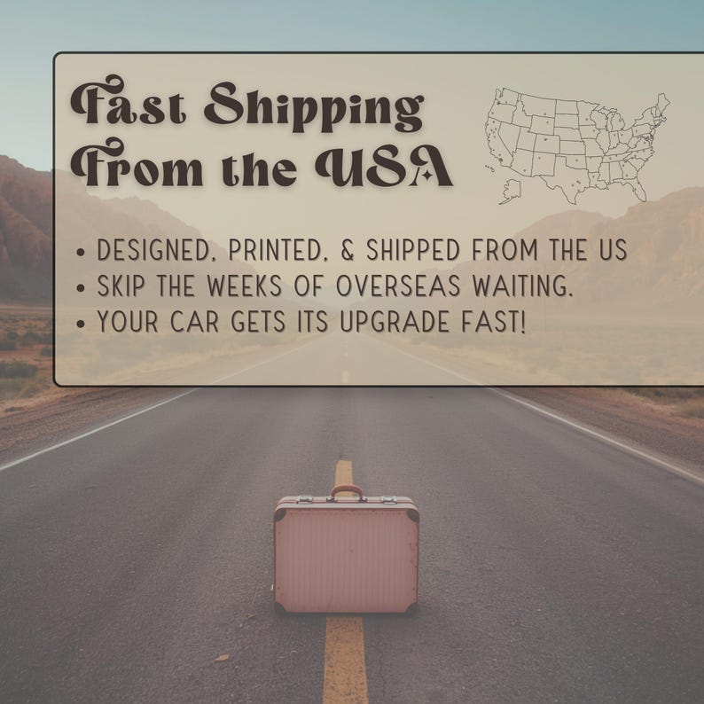 Infographic explaining Road Charm Co license plate frames are designed, printed and shipped fast from the USA with no overseas wait