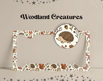 Woodland Creatures License Plate Frame, Cartoony Forest Animals Auto Accessory