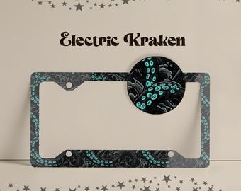 Electric Kraken License Plate Frame, Ocean Creature Car Decor, Teal Nautical Accessory