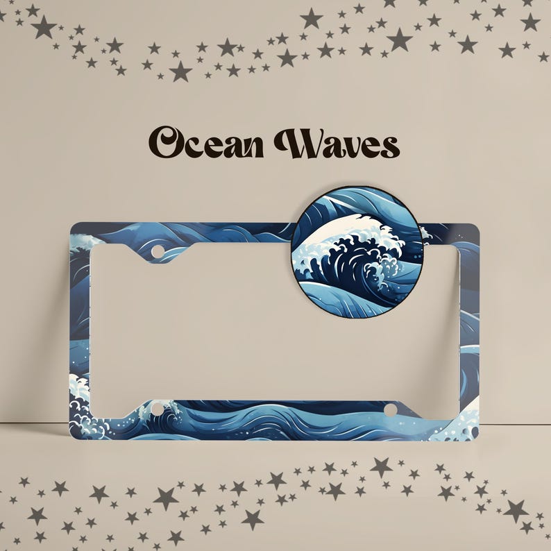 Close-up of a Ocean Waves license plate frame featuring a Japanese-inspired pattern of rolling ocean waves with white foam crests in a deep navy, cobalt blue, and white palette.
