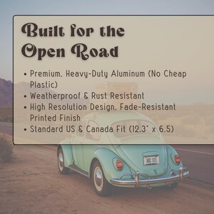 Infographic showing Road Charm Co license plate frames are built for the open road with heavy duty aluminum, weatherproof rust resistant finish and standard US and Canada fit