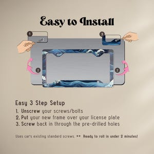 Visual installation guide detailing how to easily mount the aluminum wave design license plate frame using standard vehicle hardware.