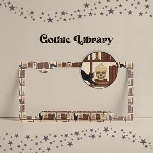 Gothic Library License Plate Frame, Black Cats Skulls Car Decor